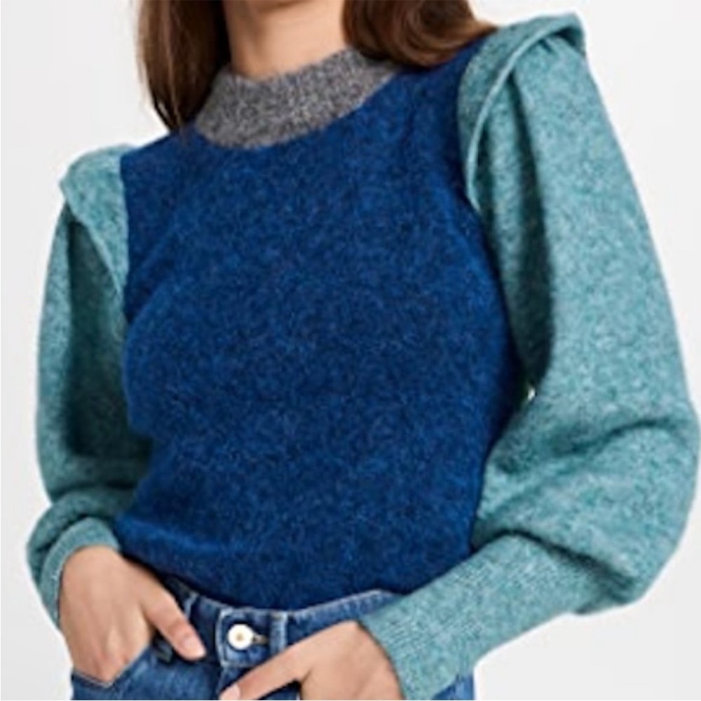 Colorblock Knit Crewneck Sweater in Blue and Teal